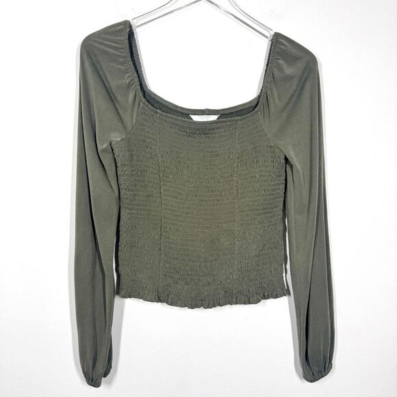 Lucky Brand Womens Size Medium Olive Green Smocked Square Neck Knit Long Sleeve - Picture 7 of 15